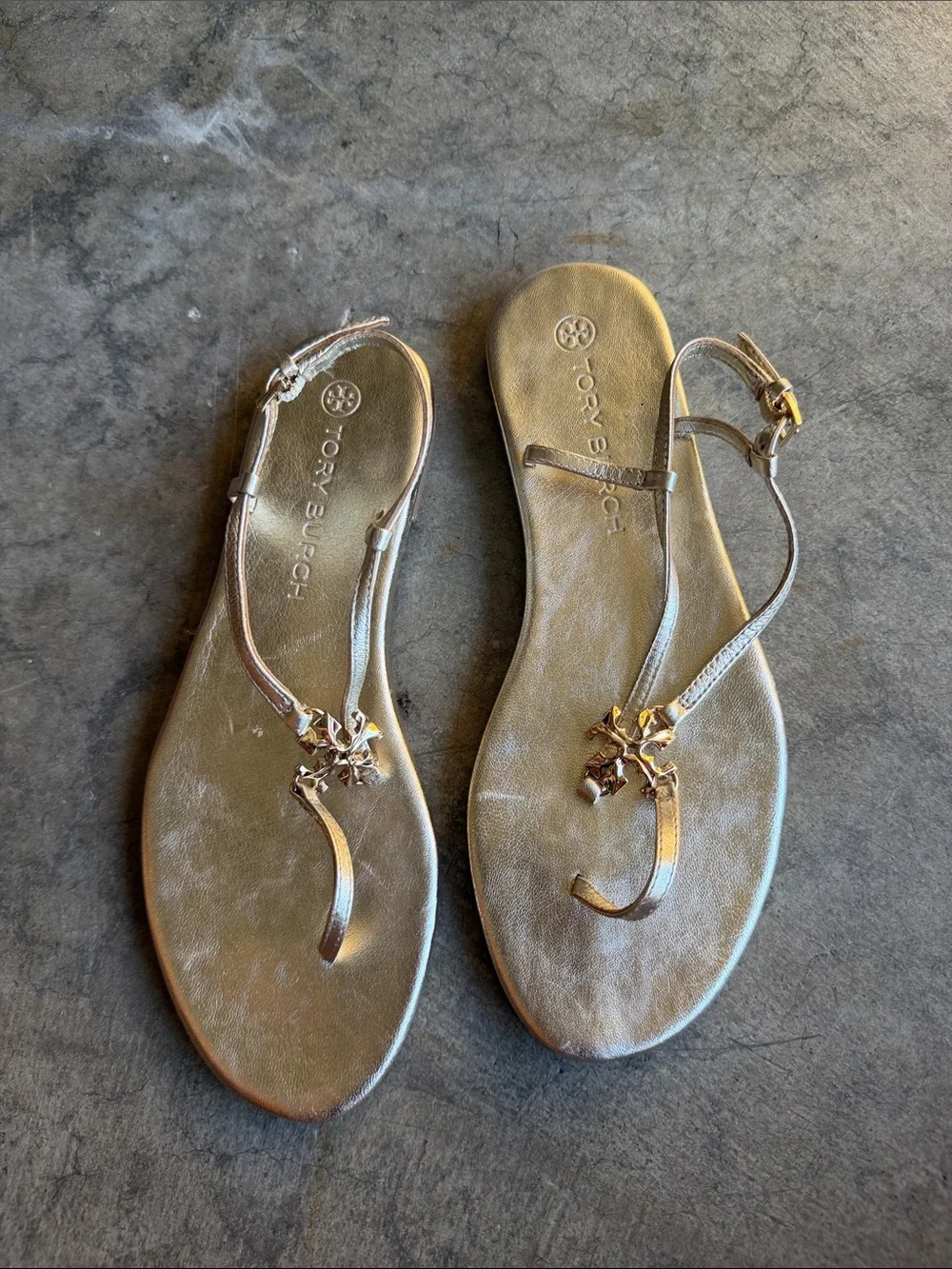 Tory Burch Metallic Gold Leather T-Strap Logo Sandals